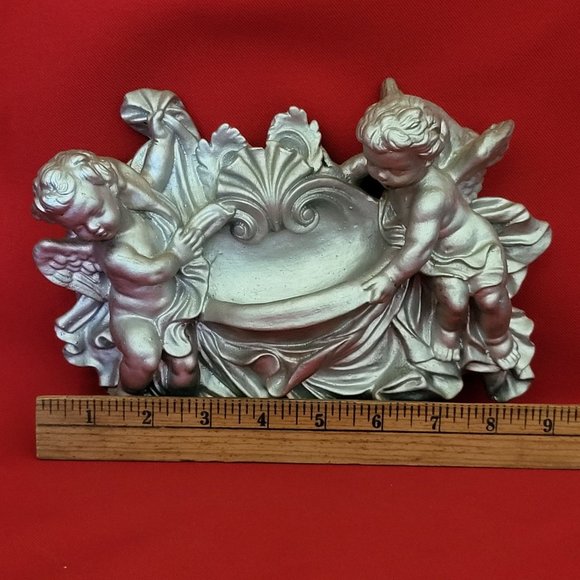 VTG Silver Tone Angel Cherub Wall Hanging Pocket Plaque Planter - Picture 10 of 12